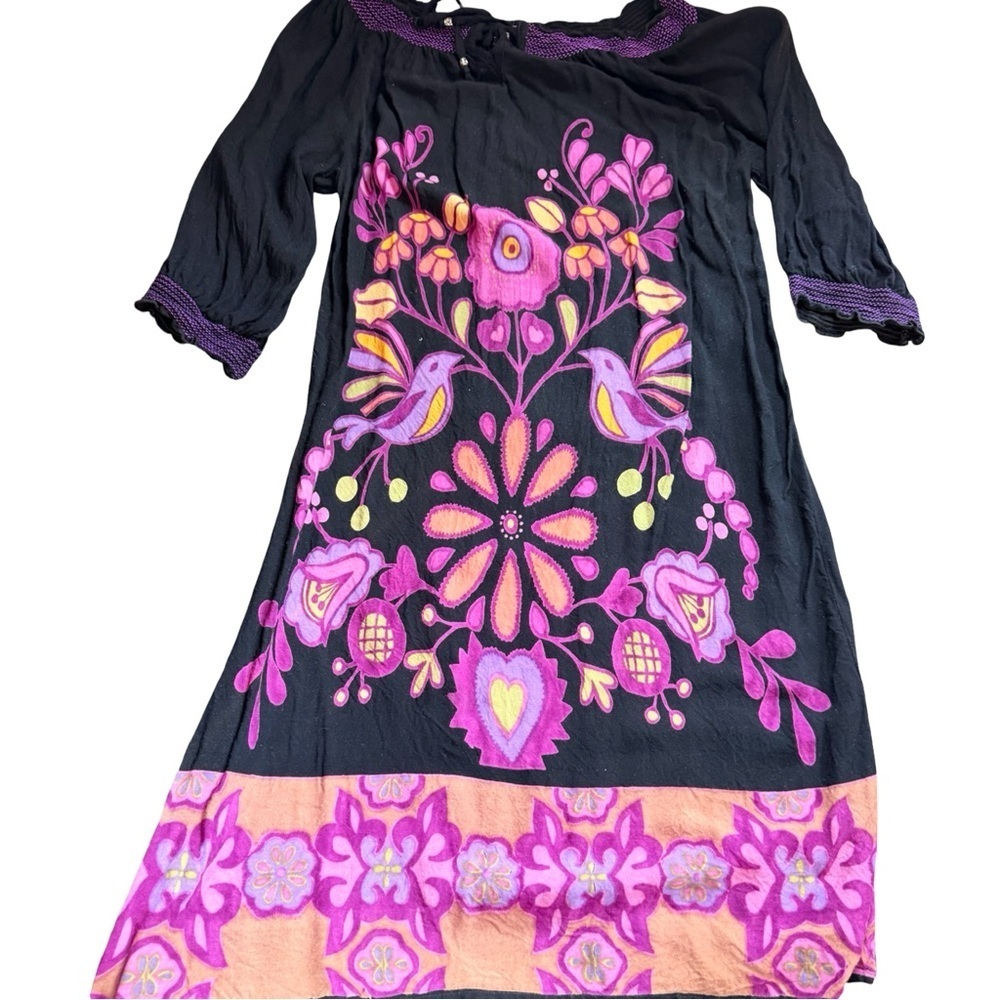 Black Boho Peasant Dress | Bird Floral Print | Smocked Neckline | Size M - Picture 8 of 11